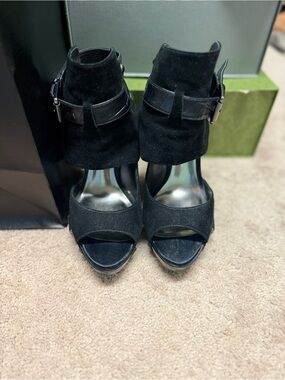 Guess by Marciano Black Suede Ankle Strap Peep-Toe Heels